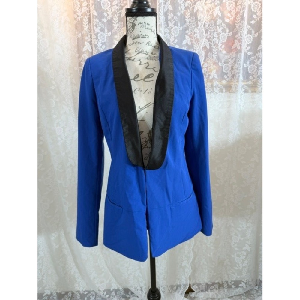 Rock & Republic Royal Blue Blazer Black Satin Shawl Collar Tuxedo Jacket Small